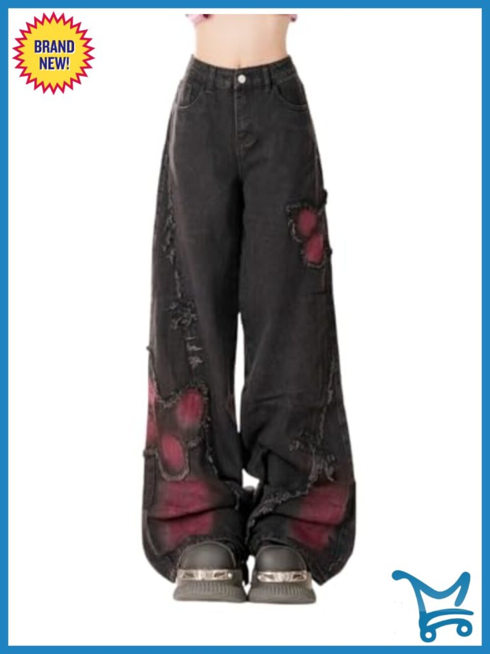 Y2K Baggy Wide Leg Ripped Jeans with Butterfly Print & Star Patch Distressed